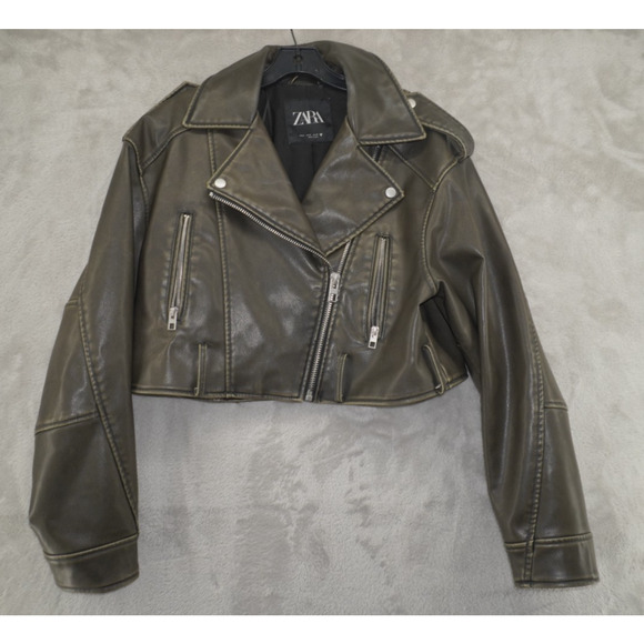 Zara Faux Leather Cropped Moto Jacket Olive Zip Pockets Women’s Size M - Picture 2 of 8